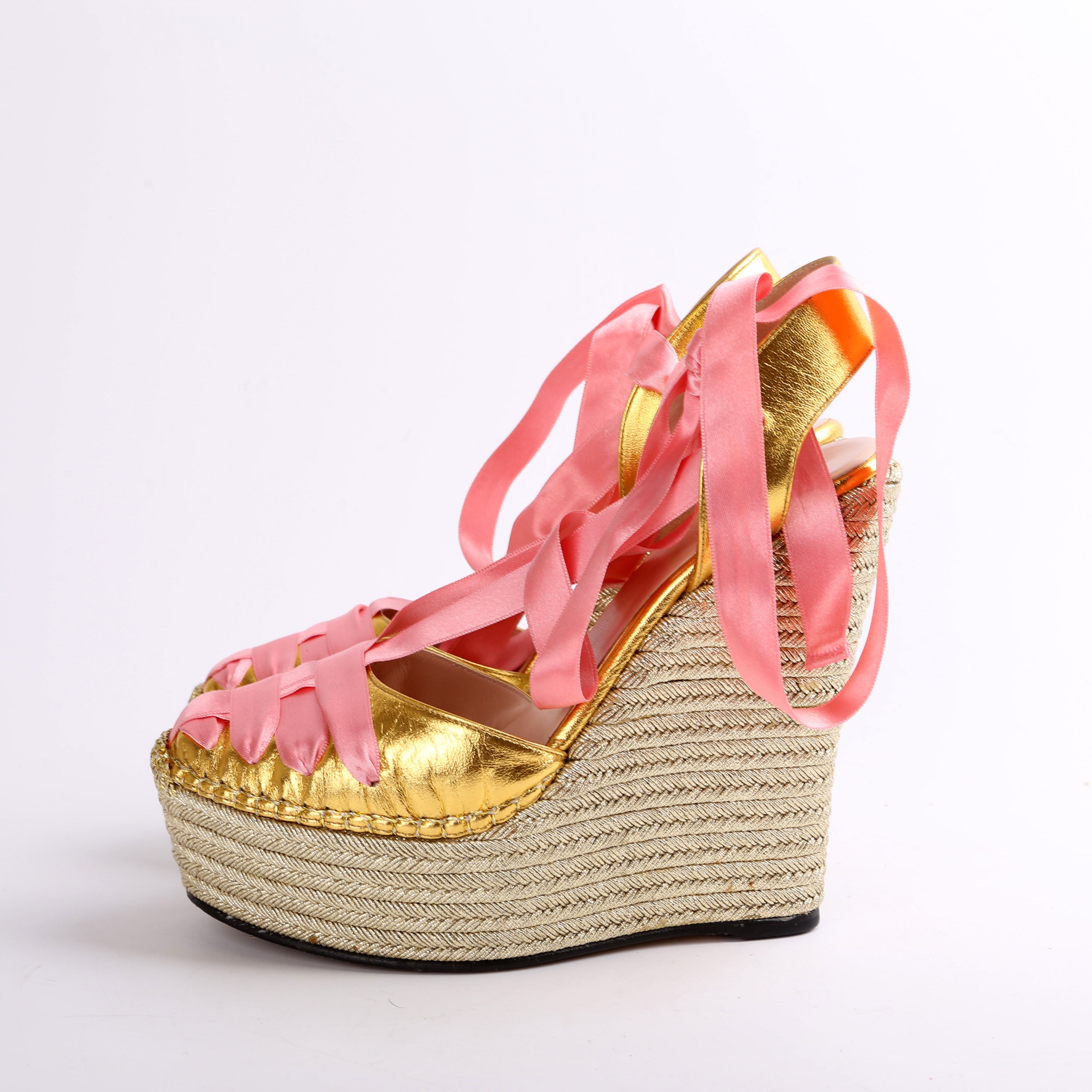 Gucci Ribbon Straps Espadrille Wedge Sandals Size 38.5