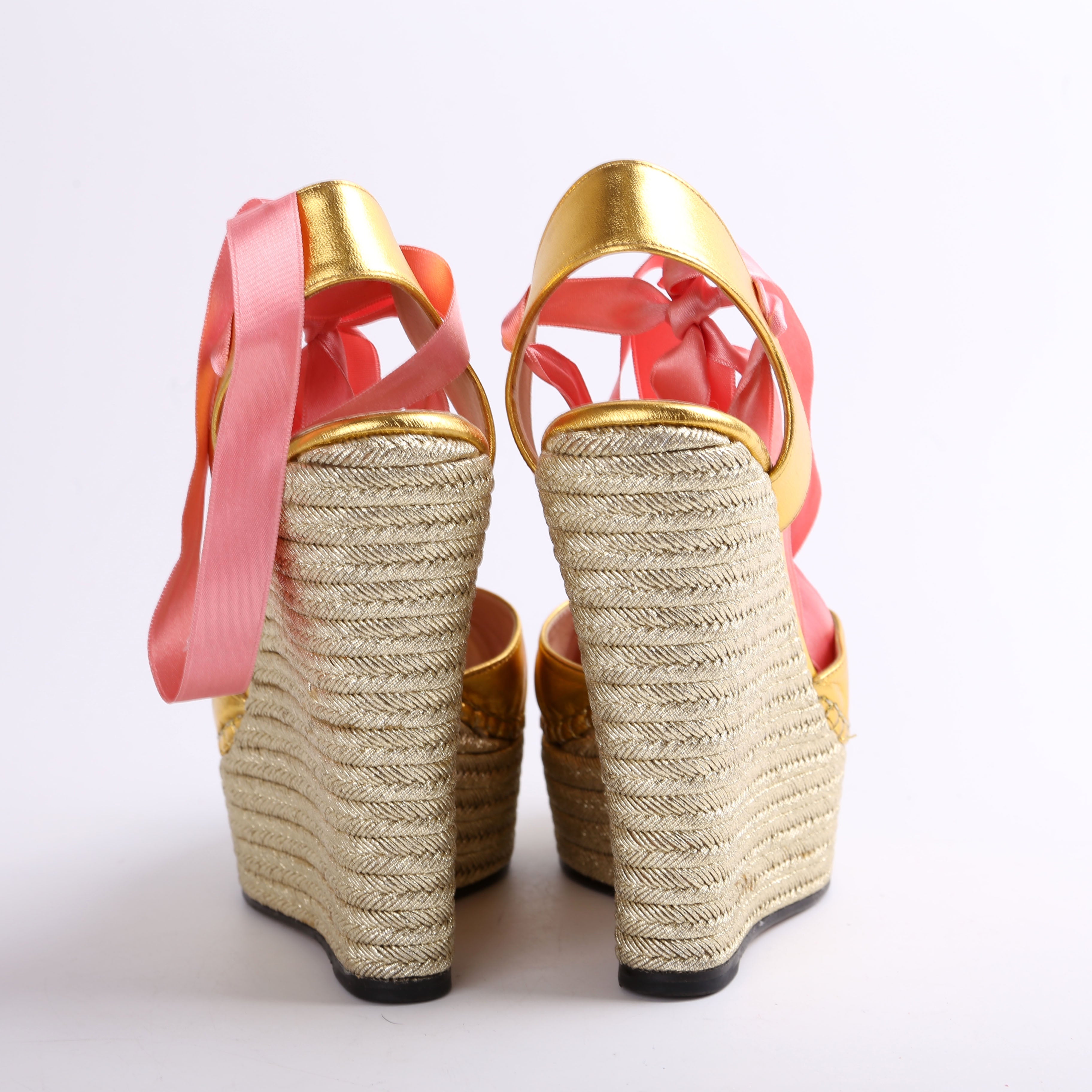 Gucci Ribbon Straps Espadrille Wedge Sandals Size 38.5