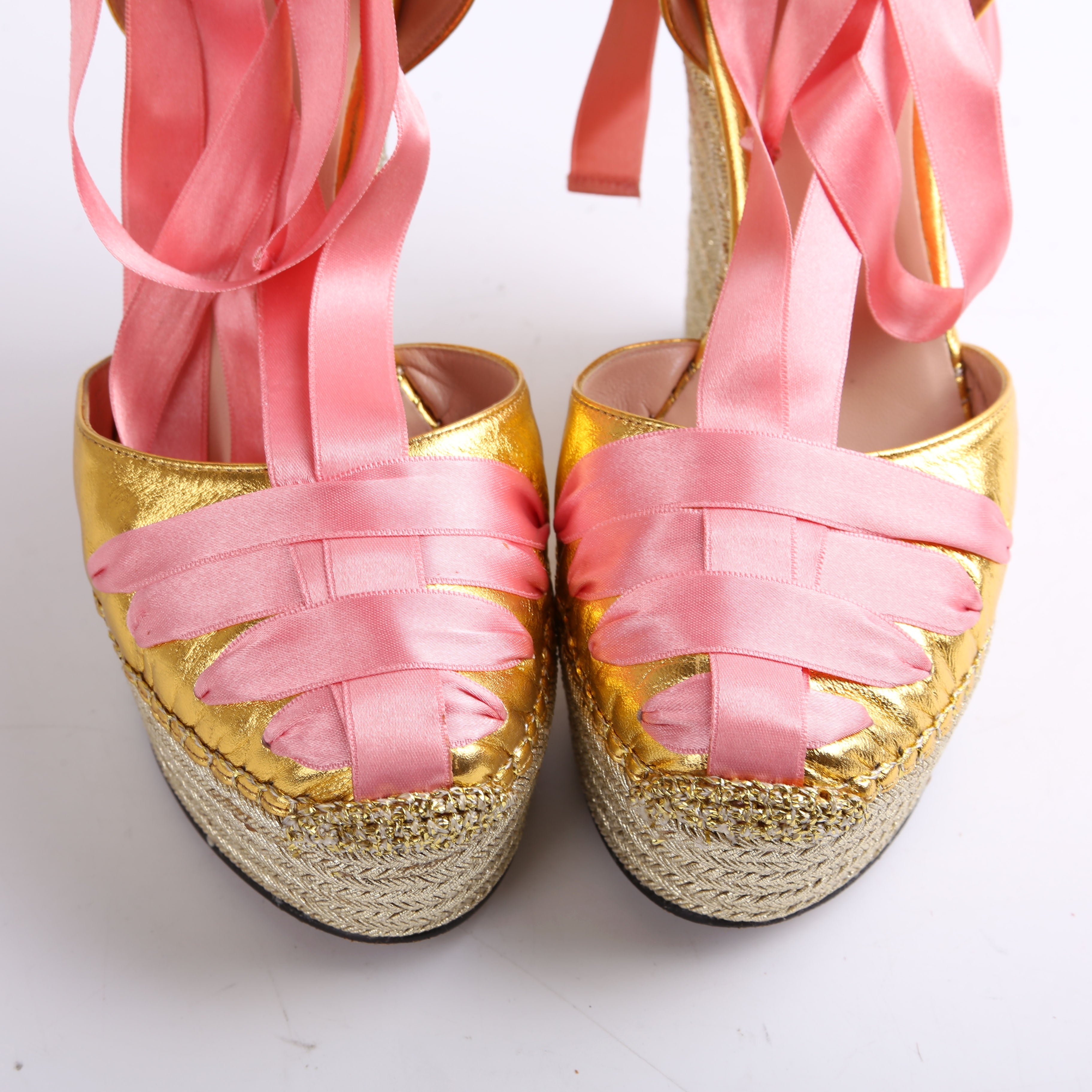 Gucci Ribbon Straps Espadrille Wedge Sandals Size 38.5