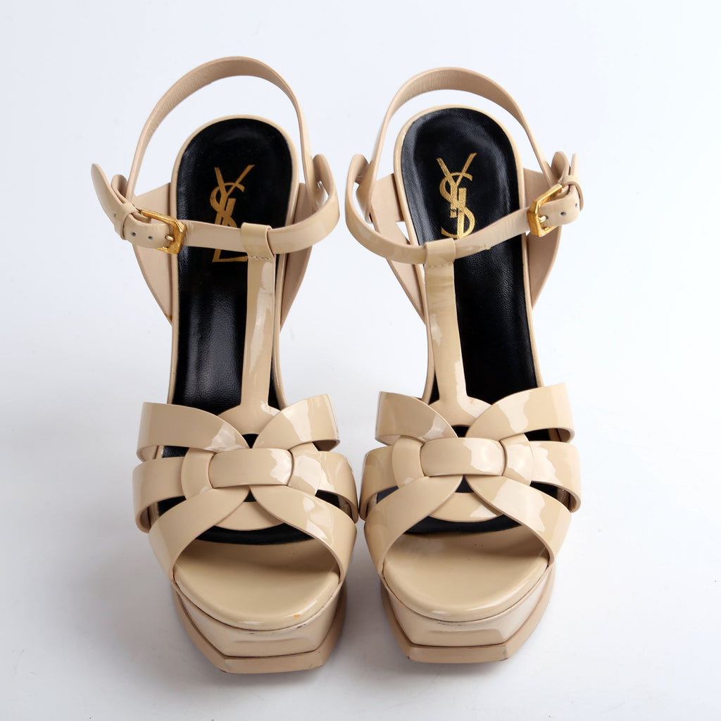 SAINT LAURENT Patent Tribute Platform Sandal Heels Size 39