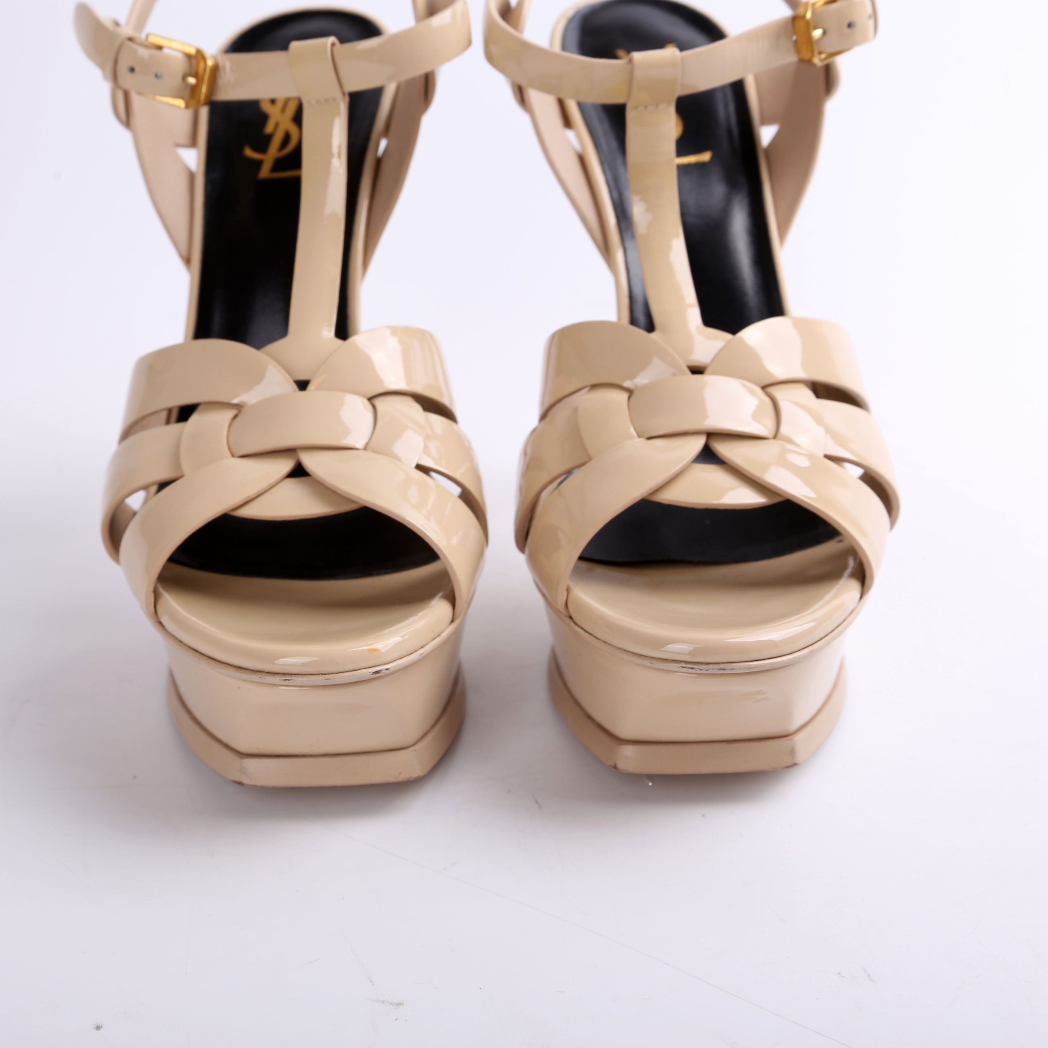 SAINT LAURENT Patent Tribute Platform Sandal Heels Size 39