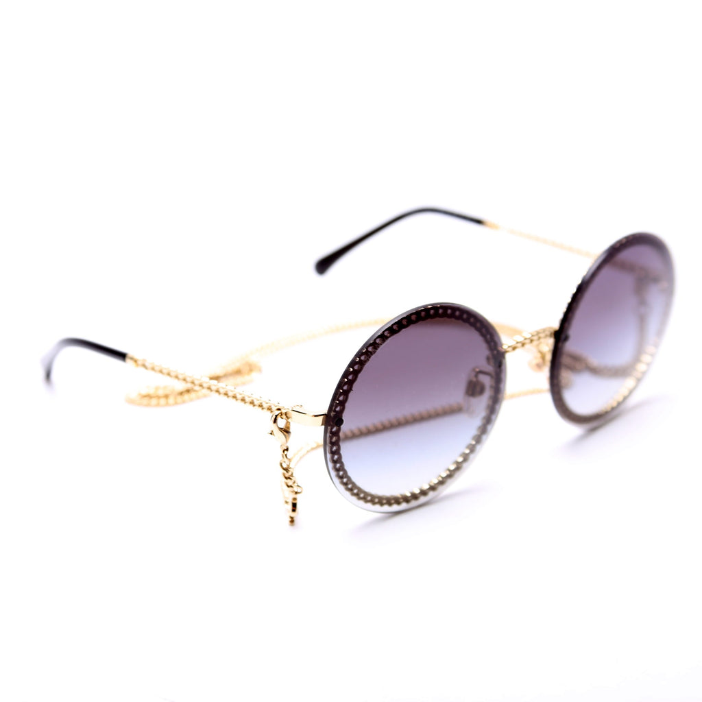 4245 Round Chain Sunglasses with Lanyard Black/Gold