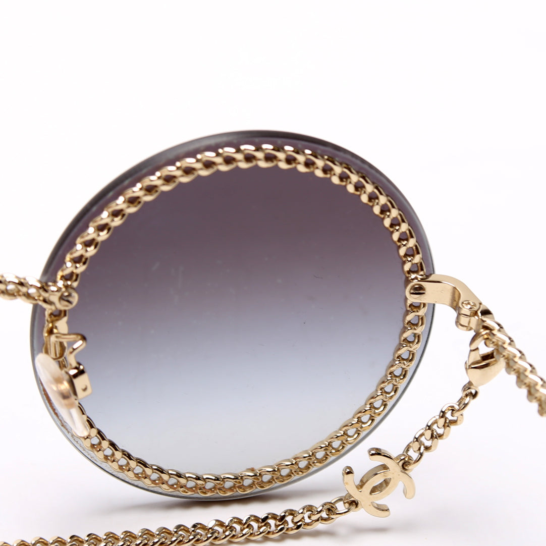 4245 Round Chain Sunglasses with Lanyard Black/Gold