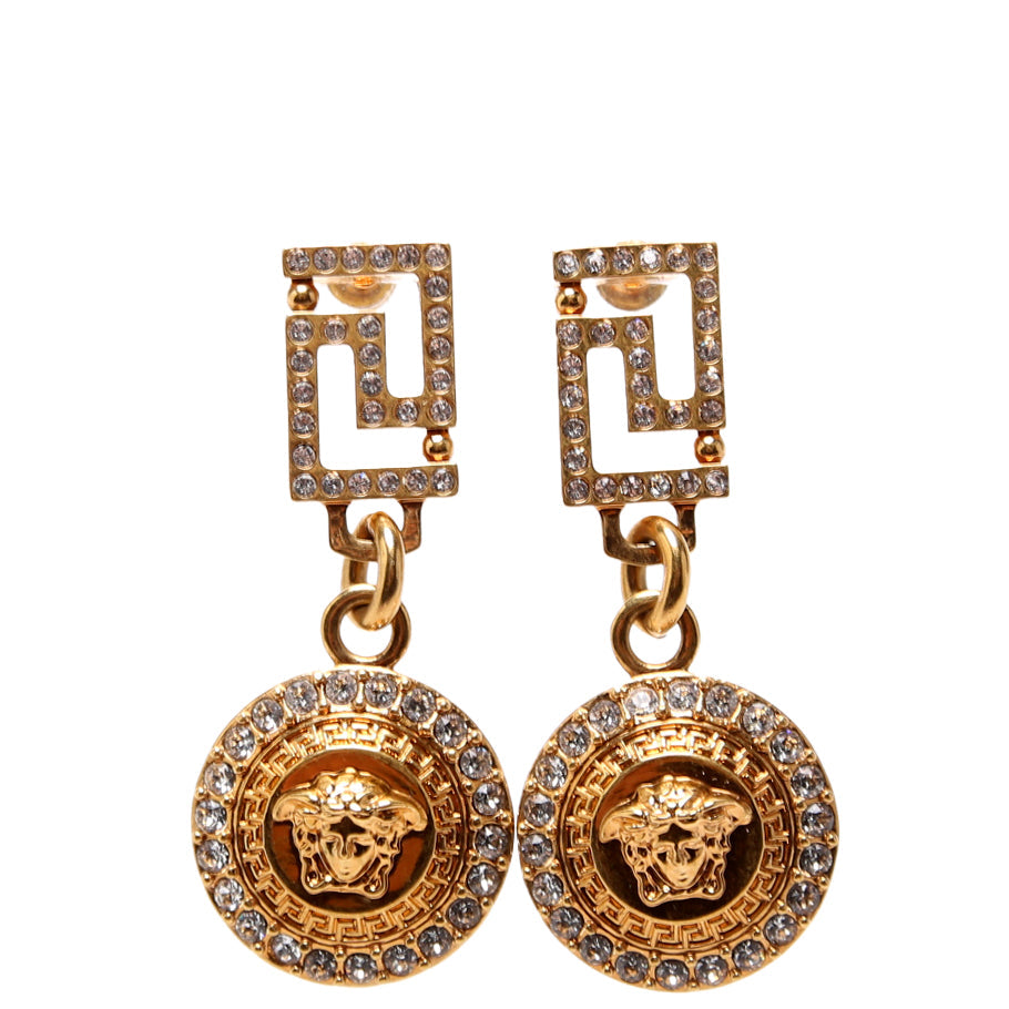 Crystal Greca Medusa Drop Earrings Gold