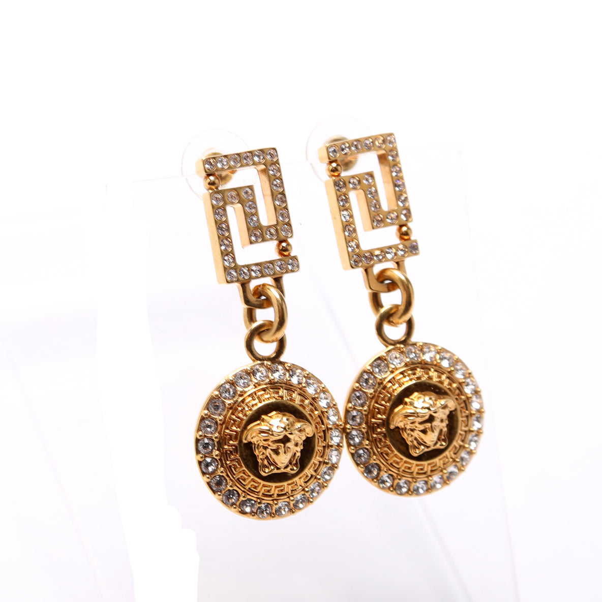 Crystal Greca Medusa Drop Earrings Gold