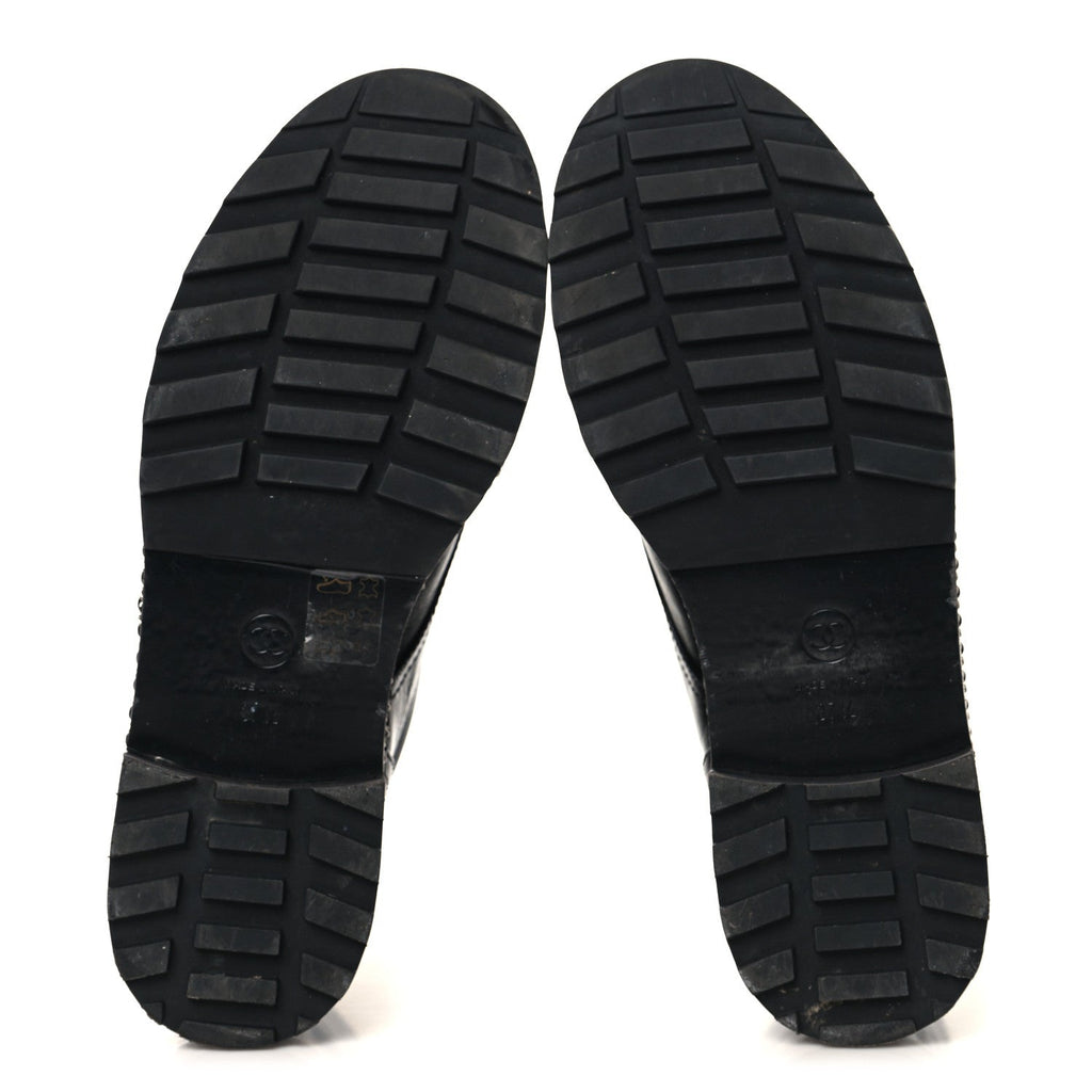 Crackled Calfskin Velvet Pearl Combat Short Boots 37.5 Black