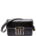 T Clasp Medium Shoulder Bag Semi Shiny Snakeskin Black