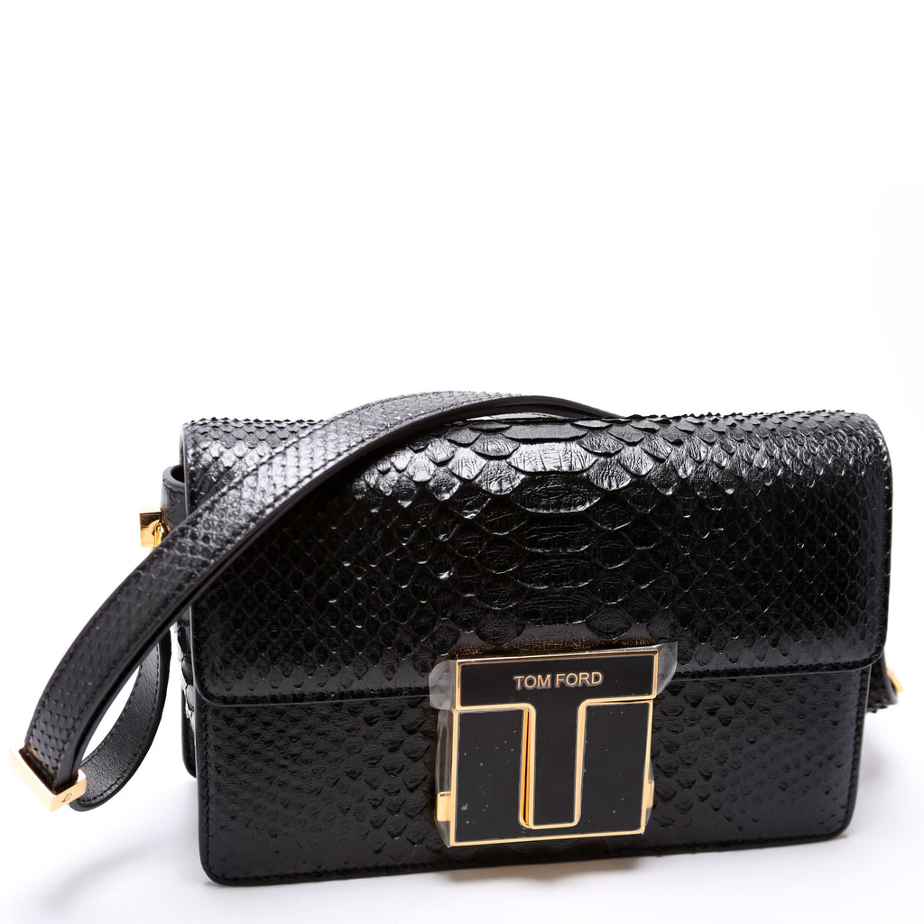 T Clasp Medium Shoulder Bag Semi Shiny Snakeskin Black