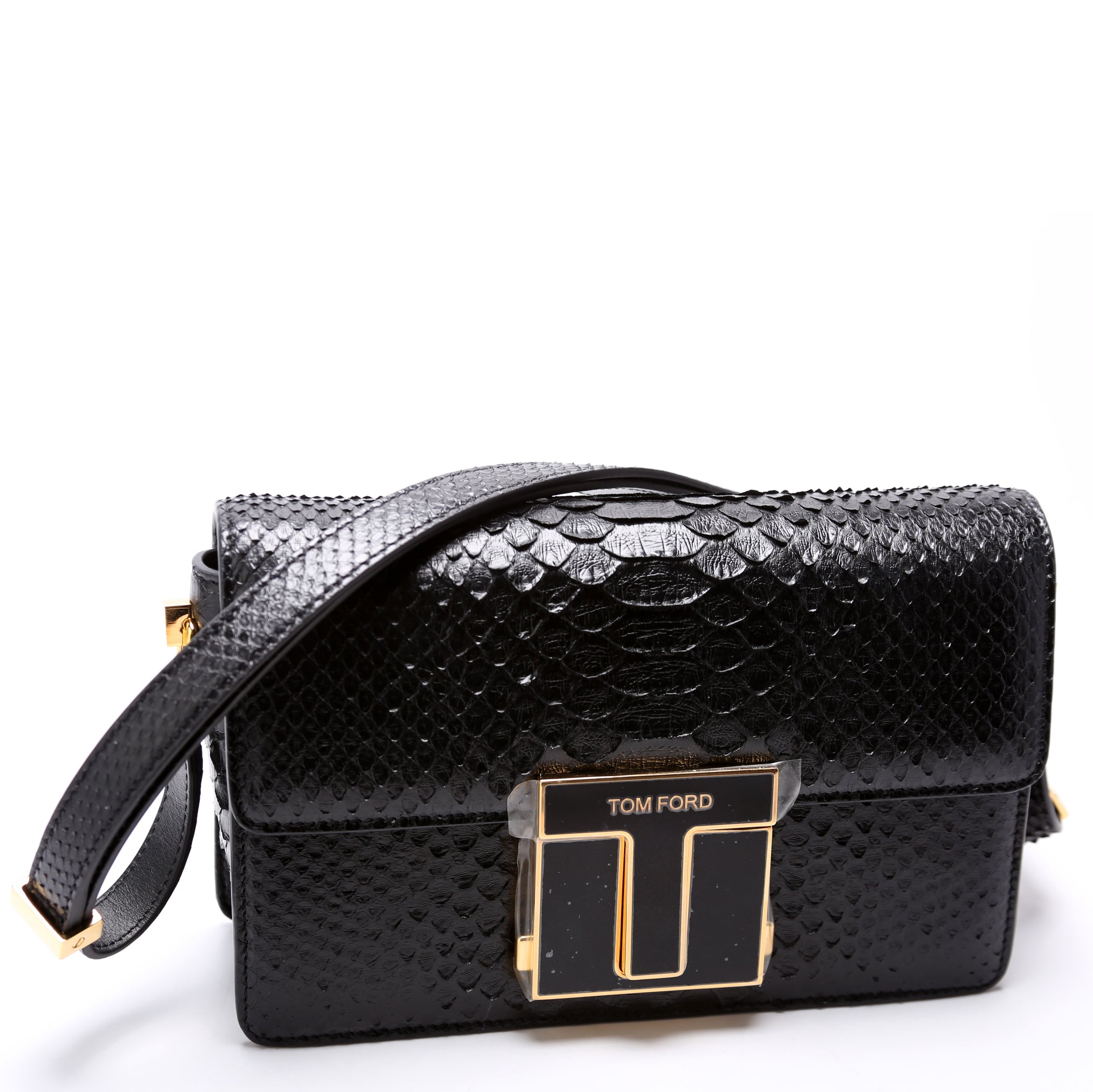 T Clasp Medium Shoulder Bag Semi Shiny Snakeskin Black
