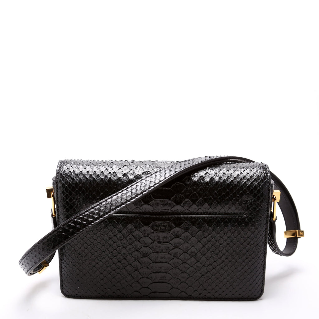 T Clasp Medium Shoulder Bag Semi Shiny Snakeskin Black
