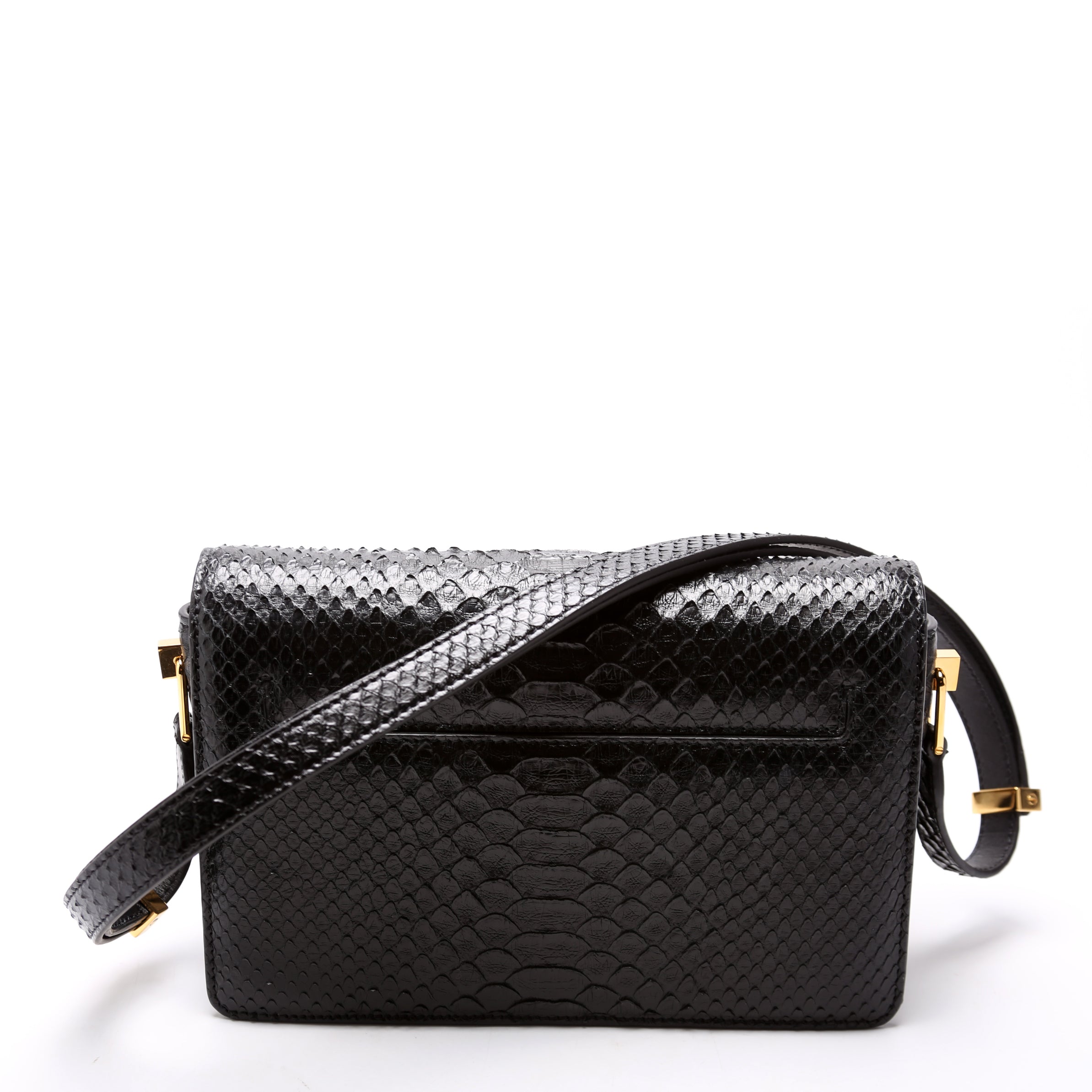 T Clasp Medium Shoulder Bag Semi Shiny Snakeskin Black