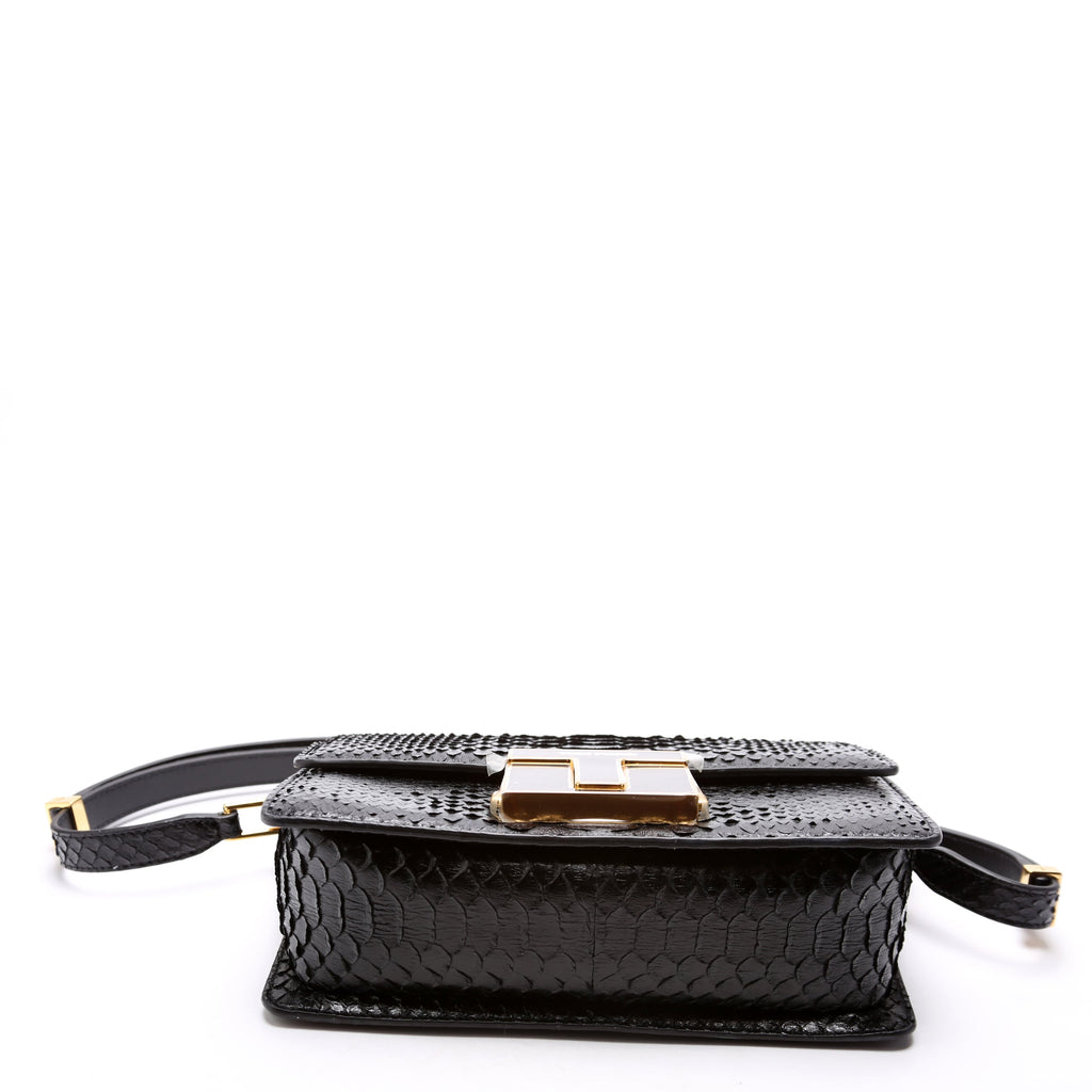 T Clasp Medium Shoulder Bag Semi Shiny Snakeskin Black