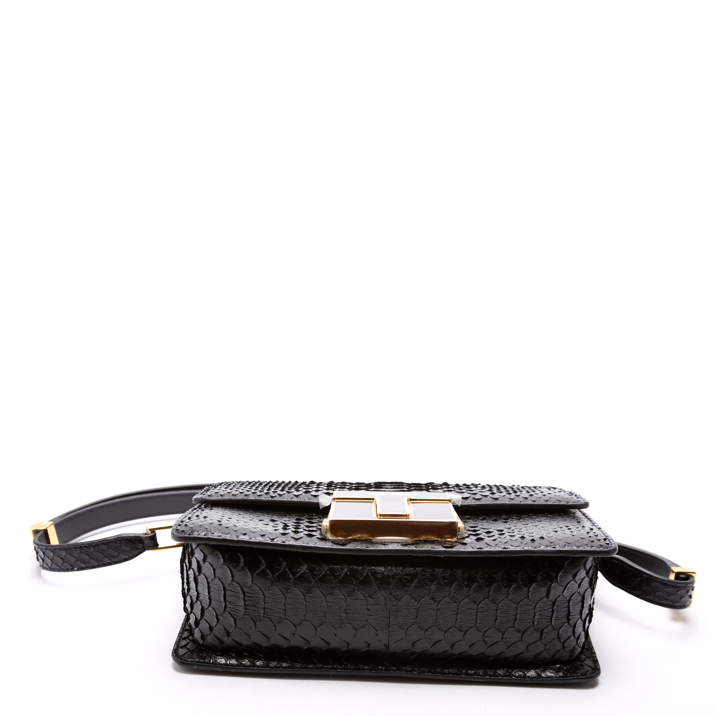 T Clasp Medium Shoulder Bag Semi Shiny Snakeskin Black