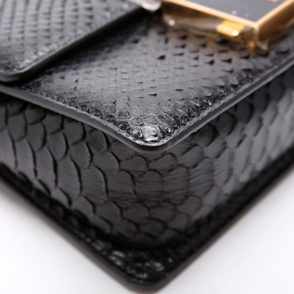 T Clasp Medium Shoulder Bag Semi Shiny Snakeskin Black