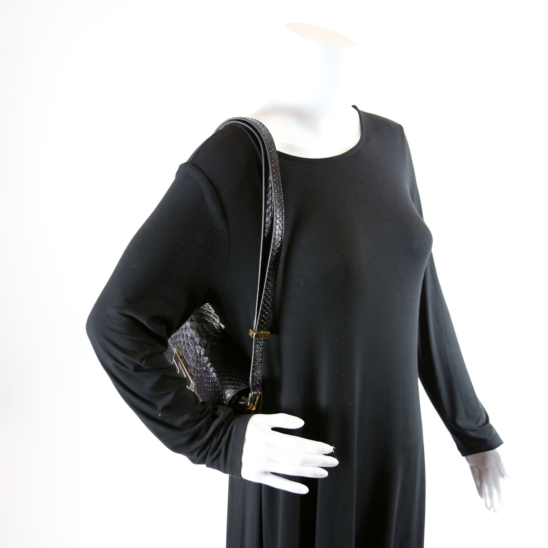 T Clasp Medium Shoulder Bag Semi Shiny Snakeskin Black