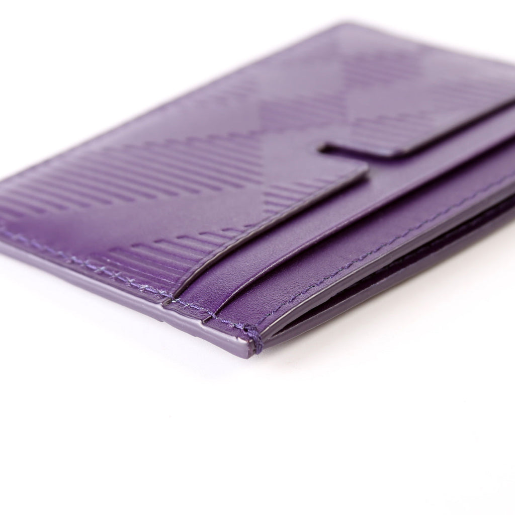 Check Embossed Leather Card Holder Purple