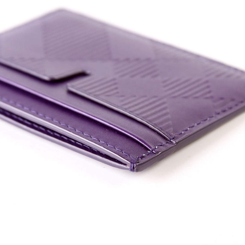 Check Embossed Leather Card Holder Purple