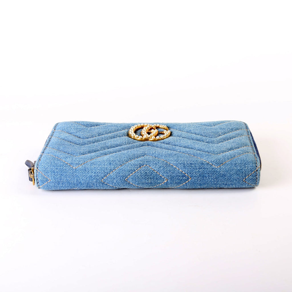 443123 GG Marmont Pearly Denim Zip Around Wallet Blue