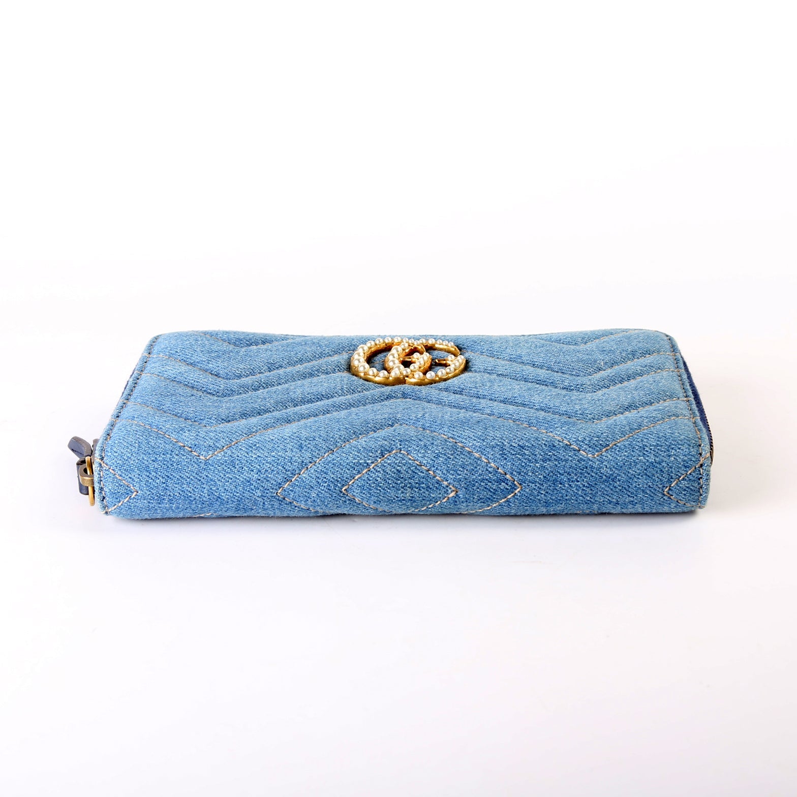 443123 GG Marmont Pearly Denim Zip Around Wallet Blue