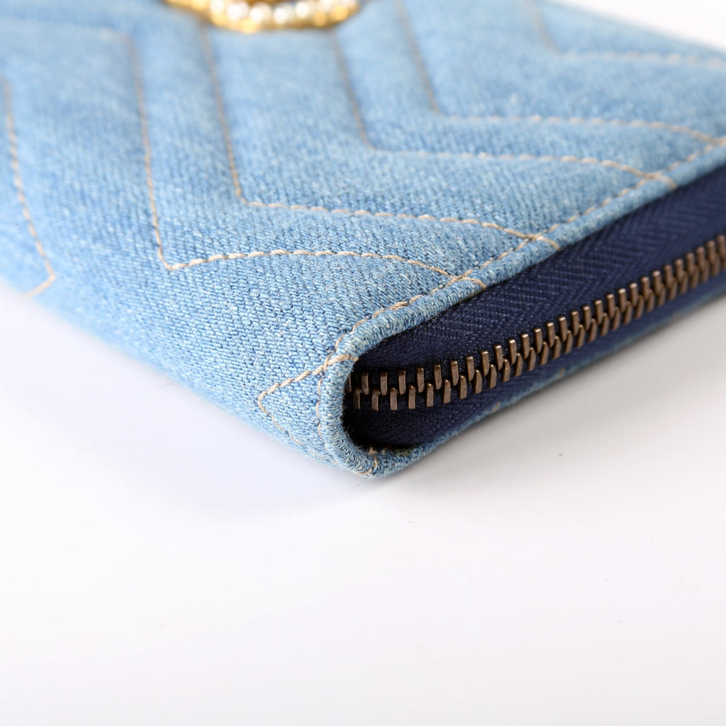 443123 GG Marmont Pearly Denim Zip Around Wallet Blue