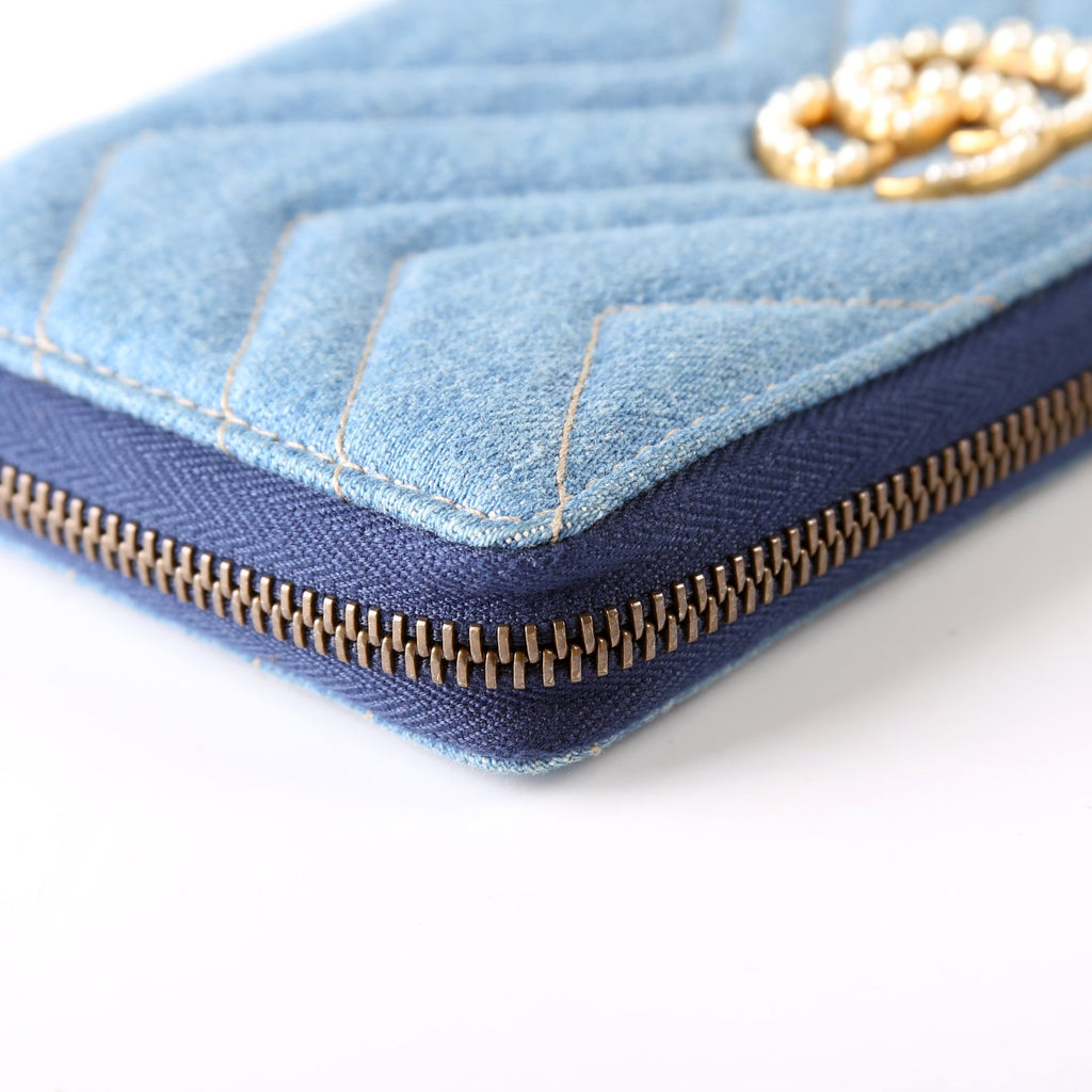 443123 GG Marmont Pearly Denim Zip Around Wallet Blue