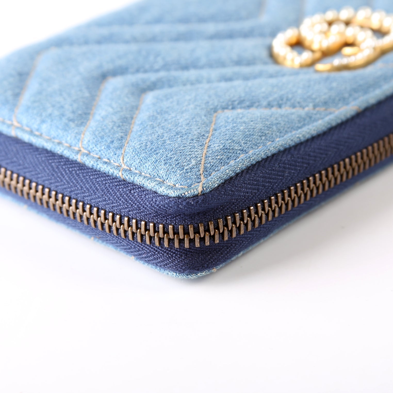443123 GG Marmont Pearly Denim Zip Around Wallet Blue