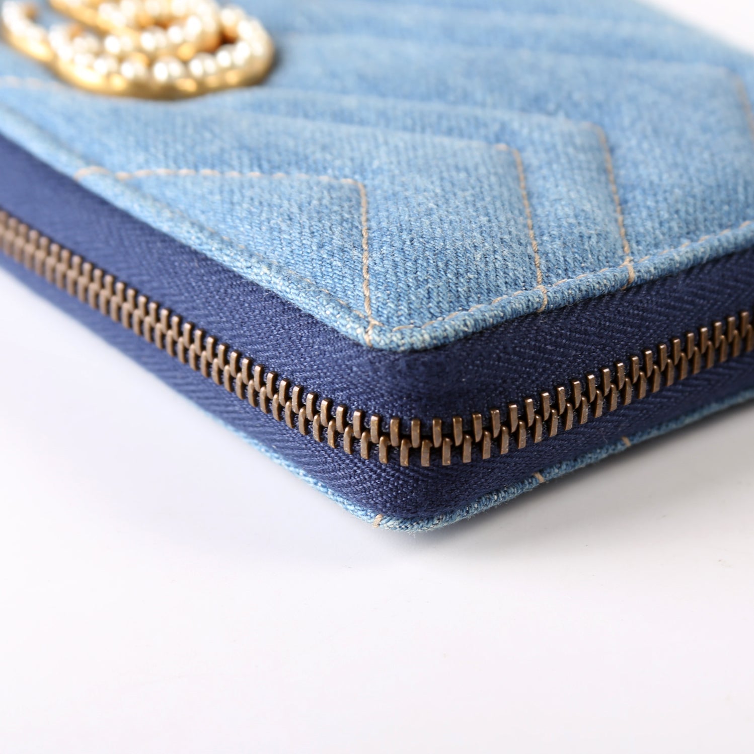 443123 GG Marmont Pearly Denim Zip Around Wallet Blue