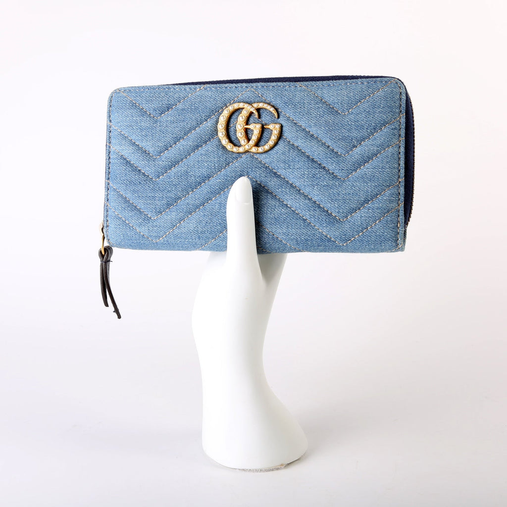 443123 GG Marmont Pearly Denim Zip Around Wallet Blue