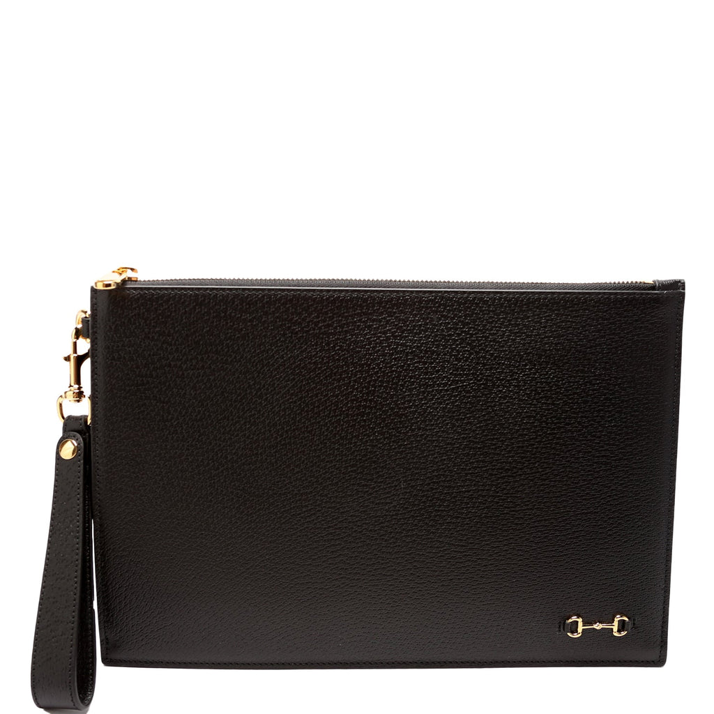 700524 Horsebit Leather Wrist Clutch Black
