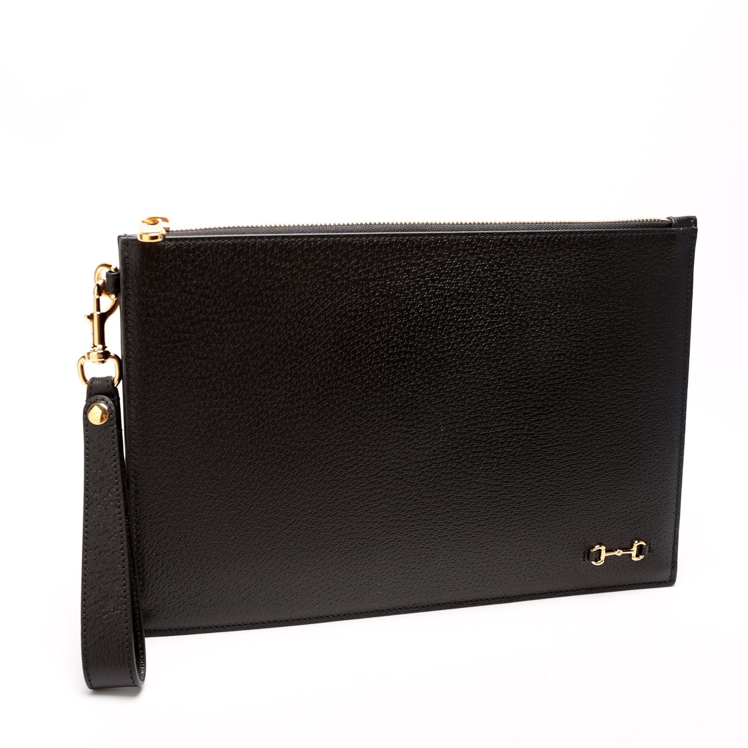 700524 Horsebit Leather Wrist Clutch Black