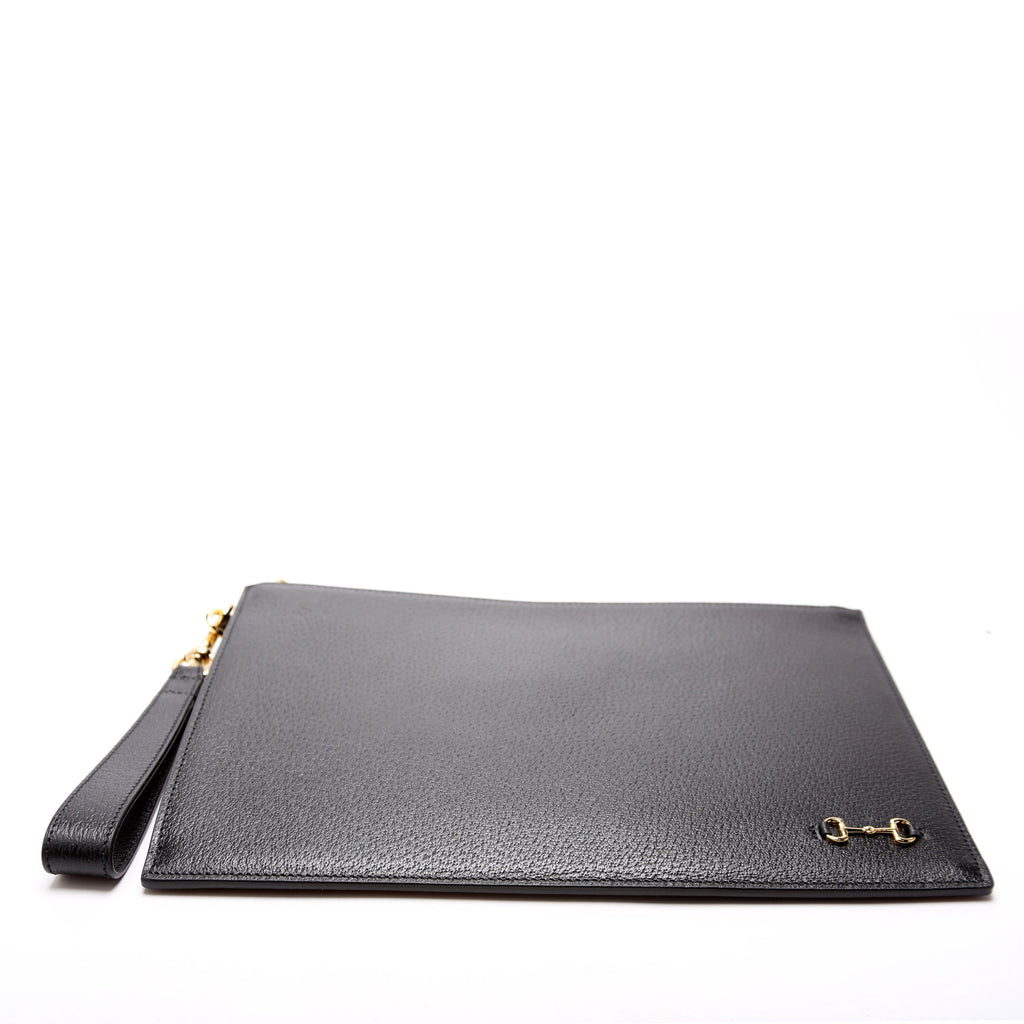 700524 Horsebit Leather Wrist Clutch Black