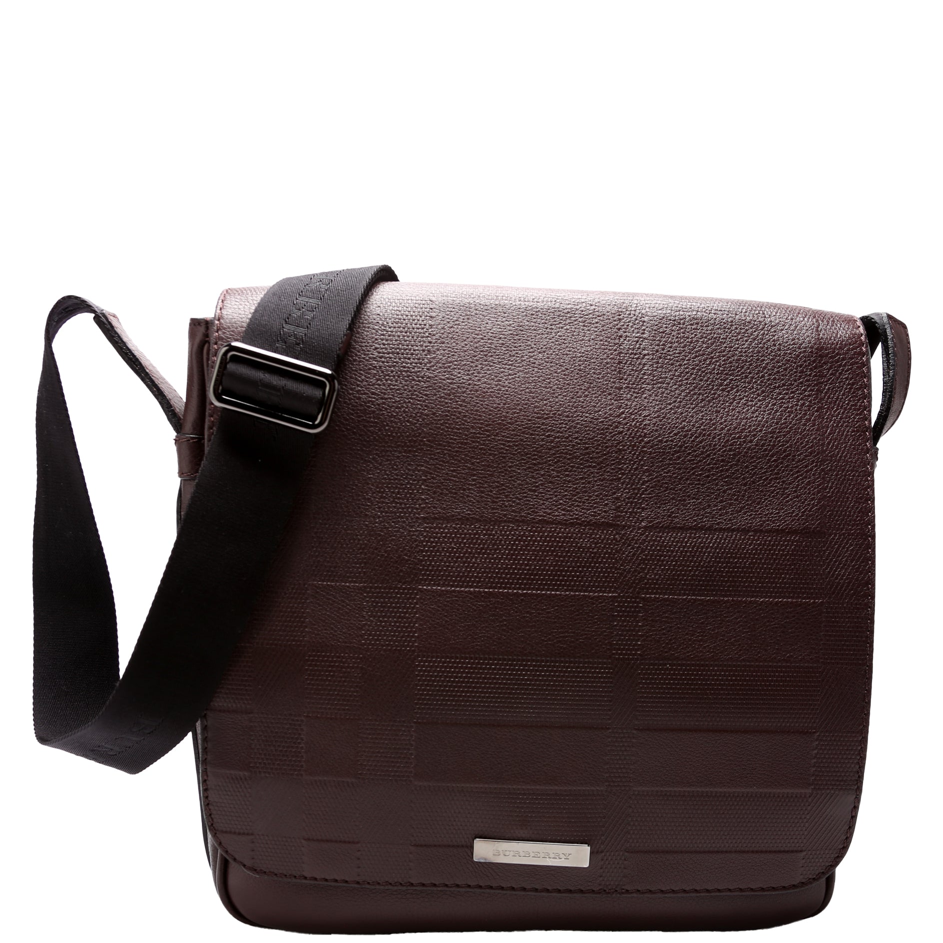 Grained Check Leather Messenger Bag Brown