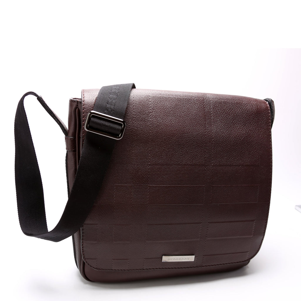 Grained Check Leather Messenger Bag Brown