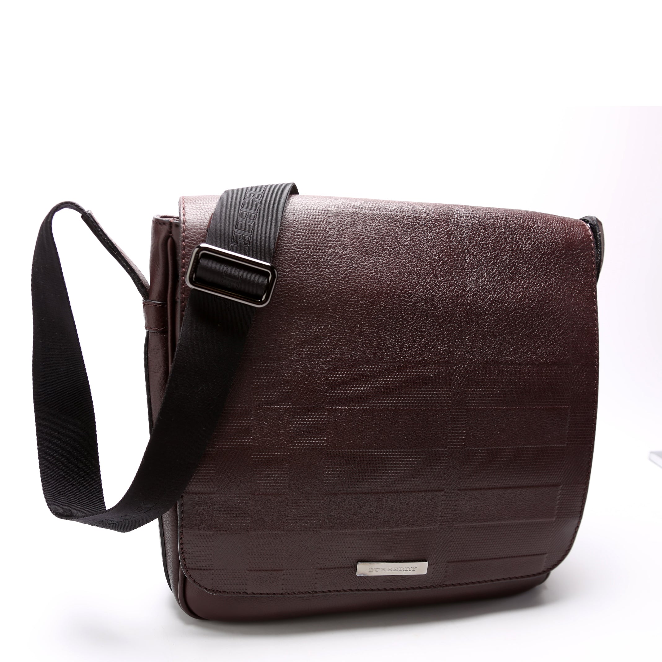 Grained Check Leather Messenger Bag Brown