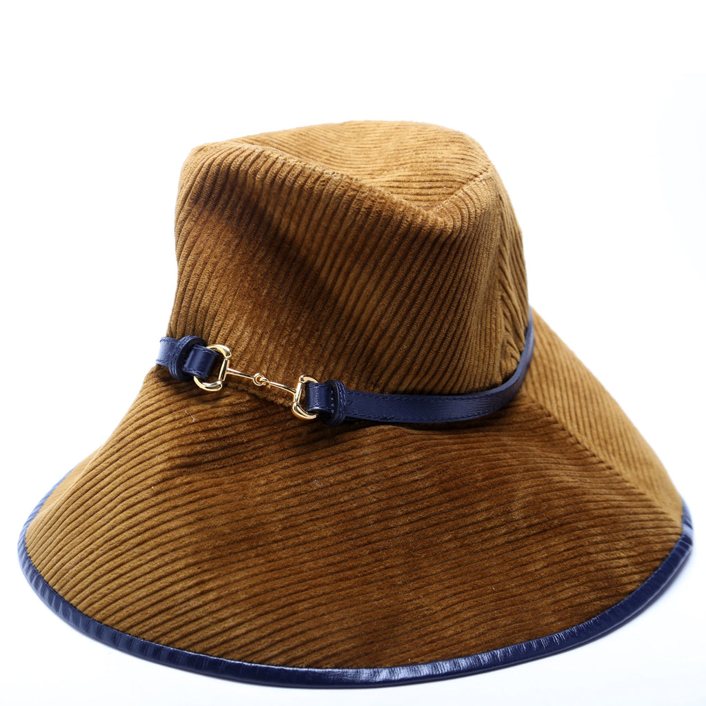 Horsebit Corduroy/Leather Wide Bucket Hat Size Medium Brown