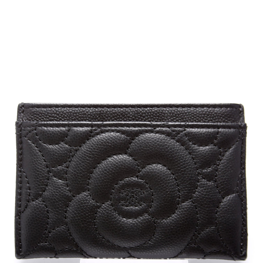 Camellia Flower Embossed Caviar Card Holder 24M Black