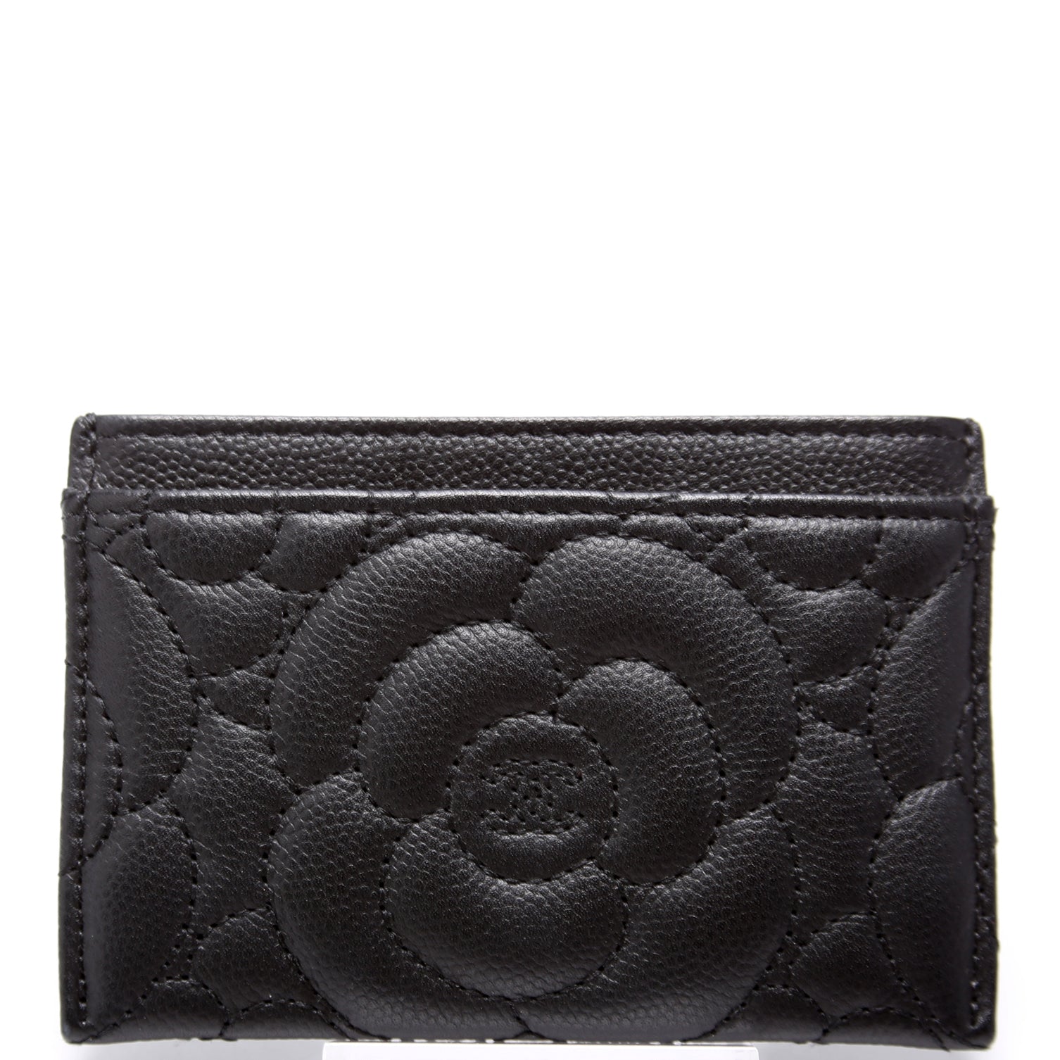 Camellia Flower Embossed Caviar Card Holder 24M Black
