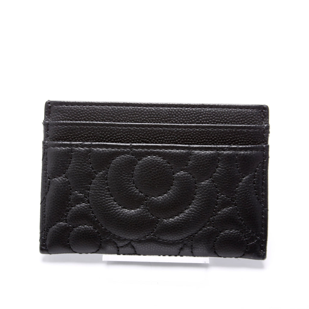 Camellia Flower Embossed Caviar Card Holder 24M Black