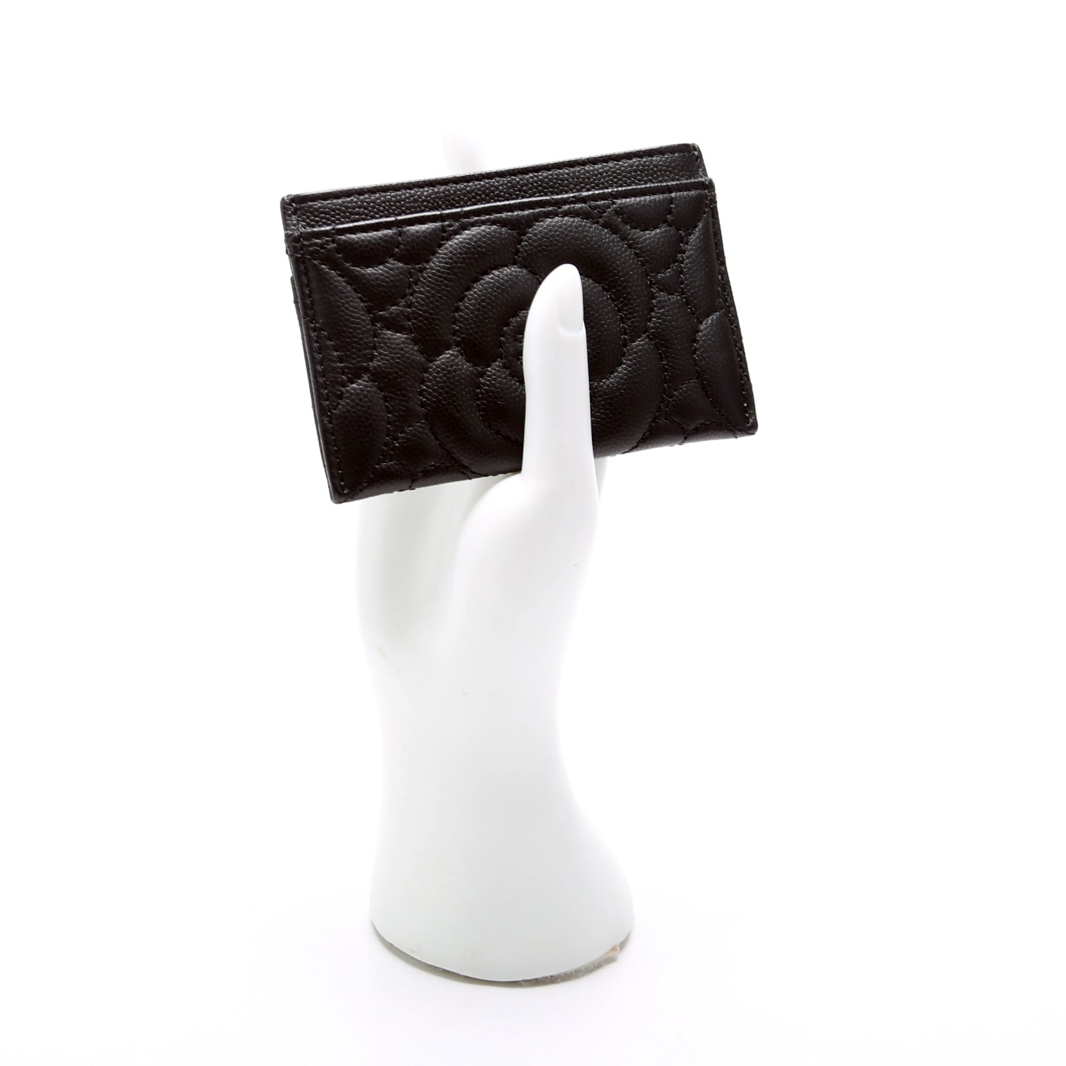 Camellia Flower Embossed Caviar Card Holder 24M Black