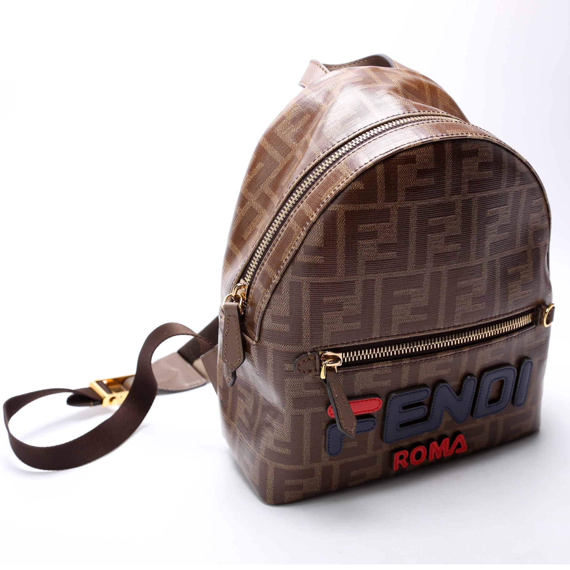 Fendi Fila FF Glazed Canvas Mini Backpack Brown