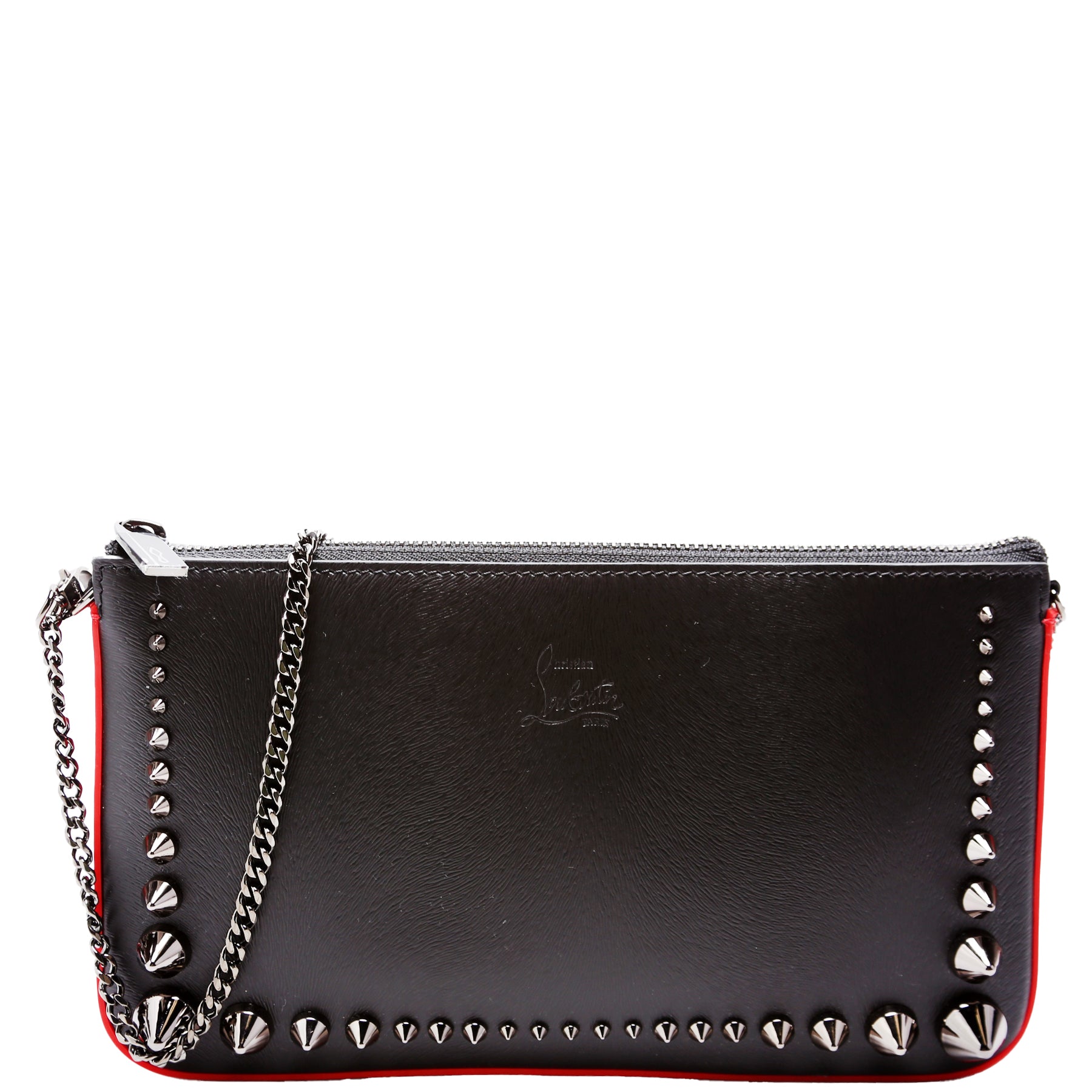 Loubila Spikes Pouch On Chain Textured Calfskin Black