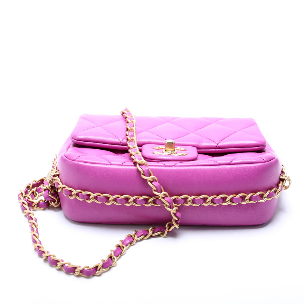 Chain Around Mini Square Flap Bag Lambskin RFID Purple