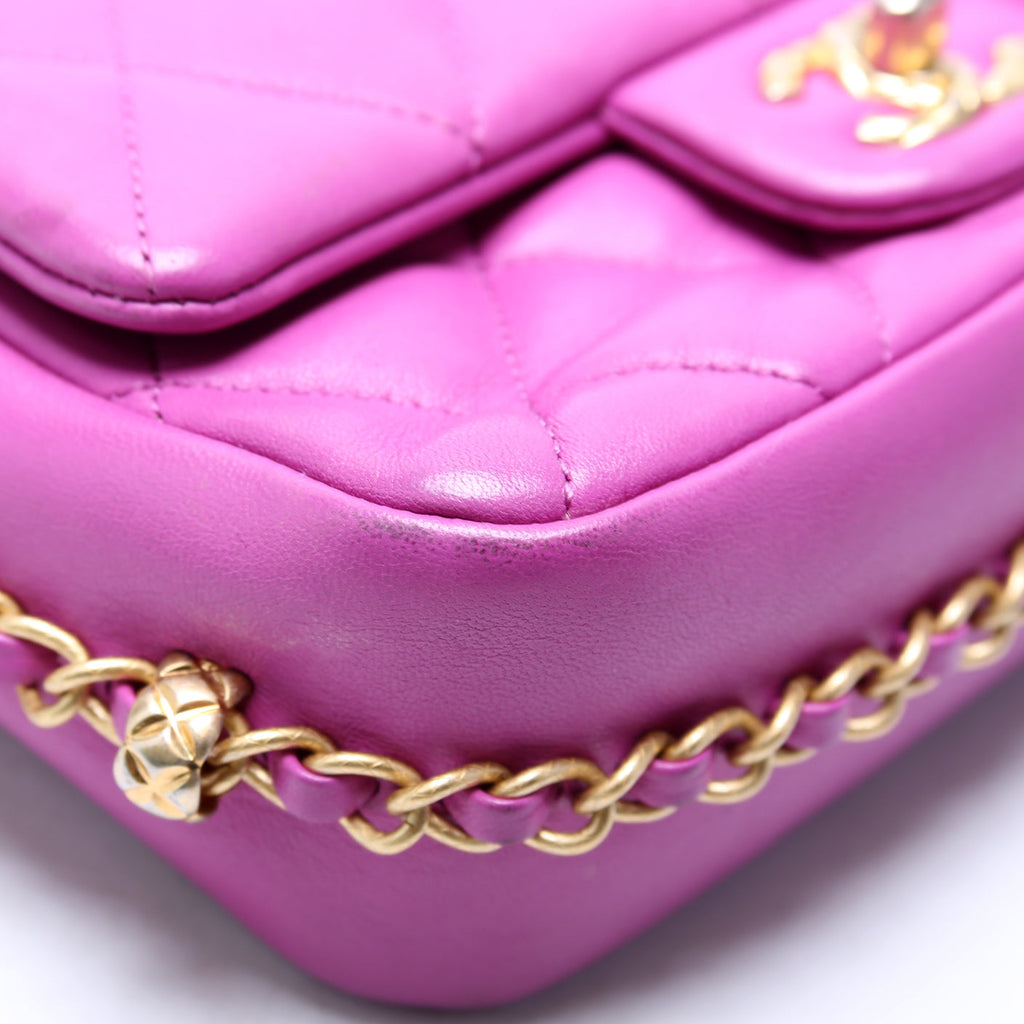 Chain Around Mini Square Flap Bag Lambskin RFID Purple