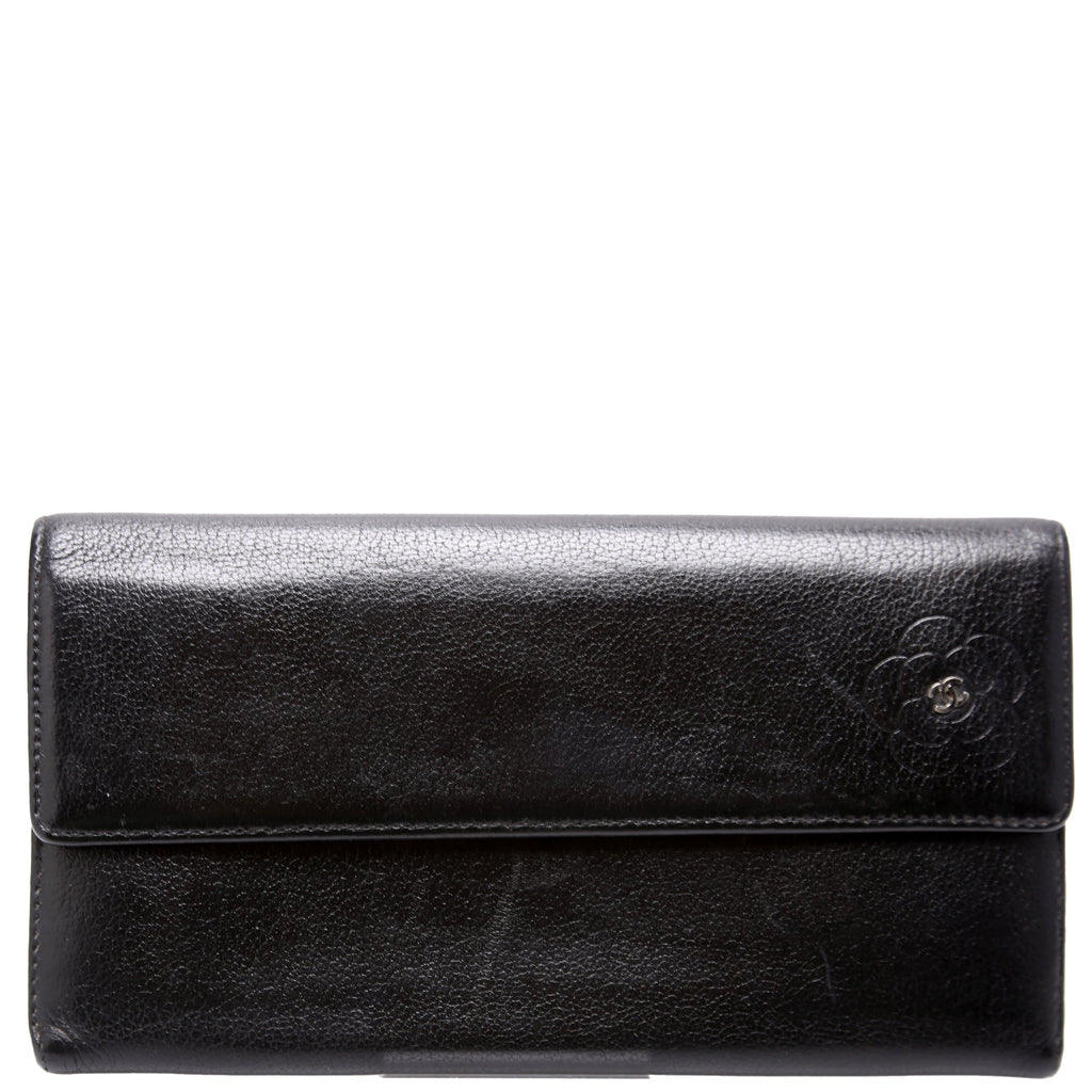 Camellia Flower Goatskin Flap Wallet 12M Black
