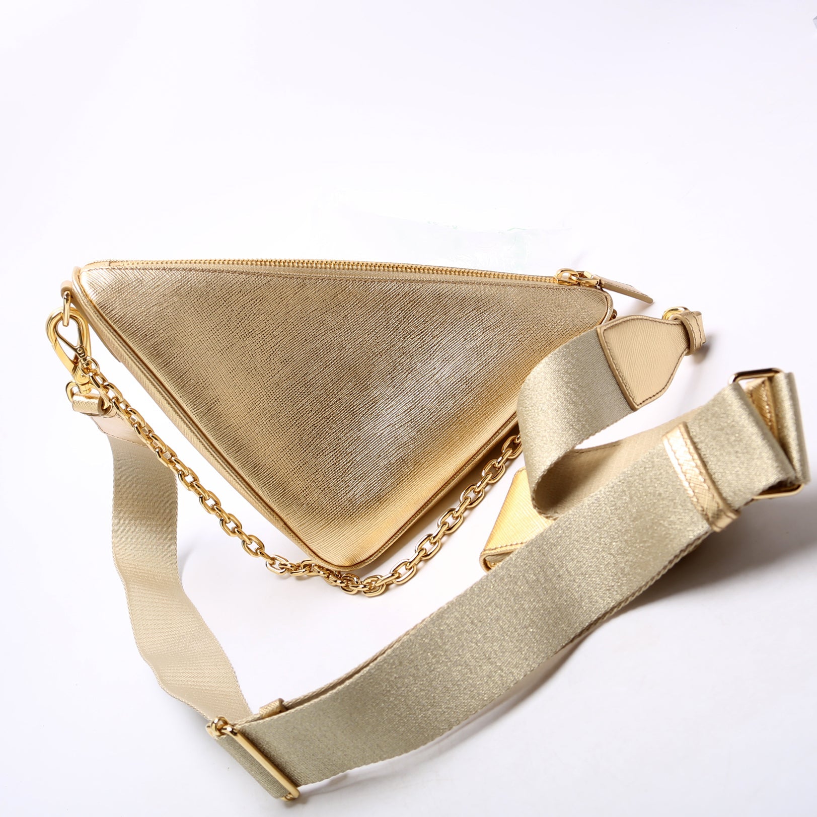 Saffiano Triangle Logo Mini Bag Gold