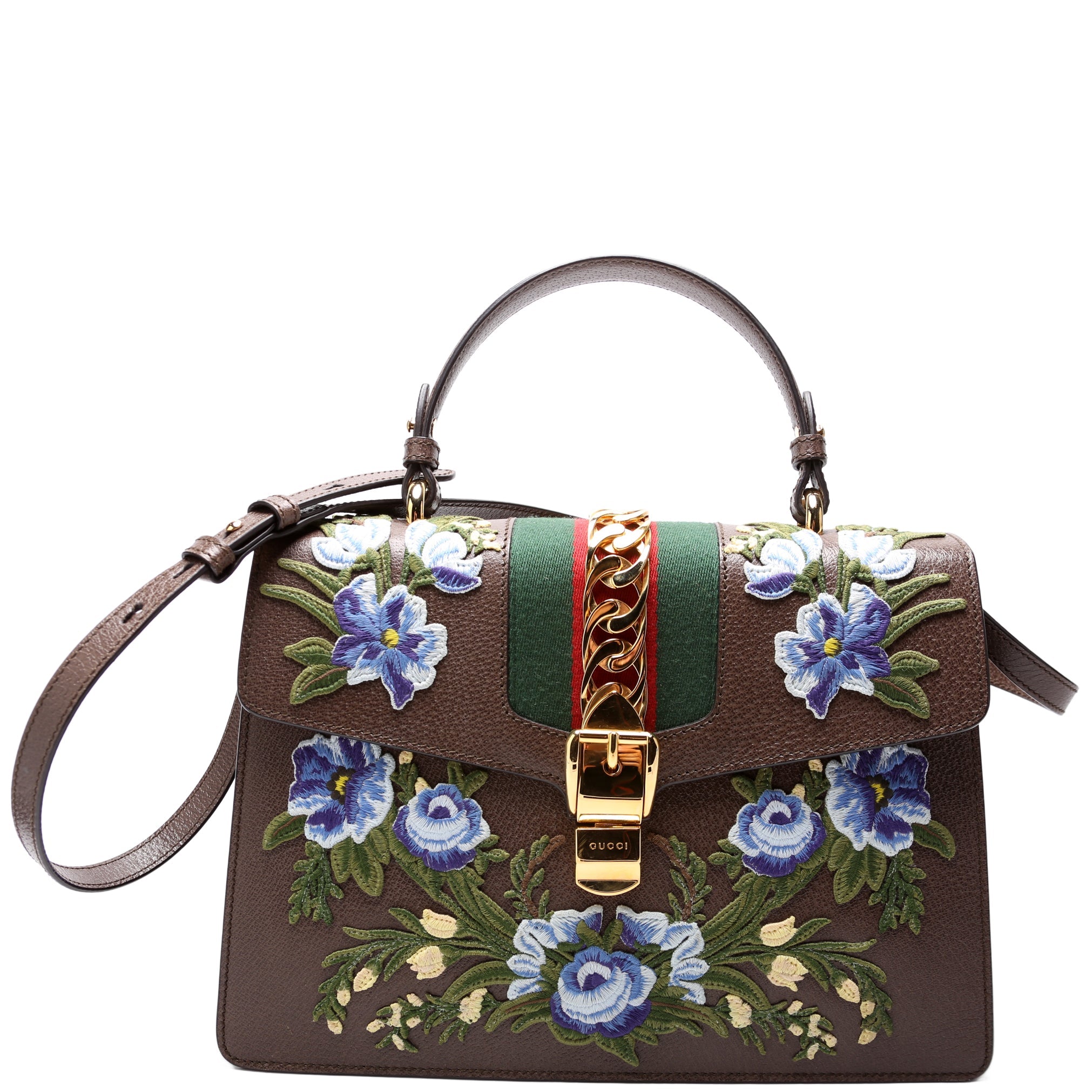 431665 Sylvie Top Handle Embroidered Calfskin Medium Brown