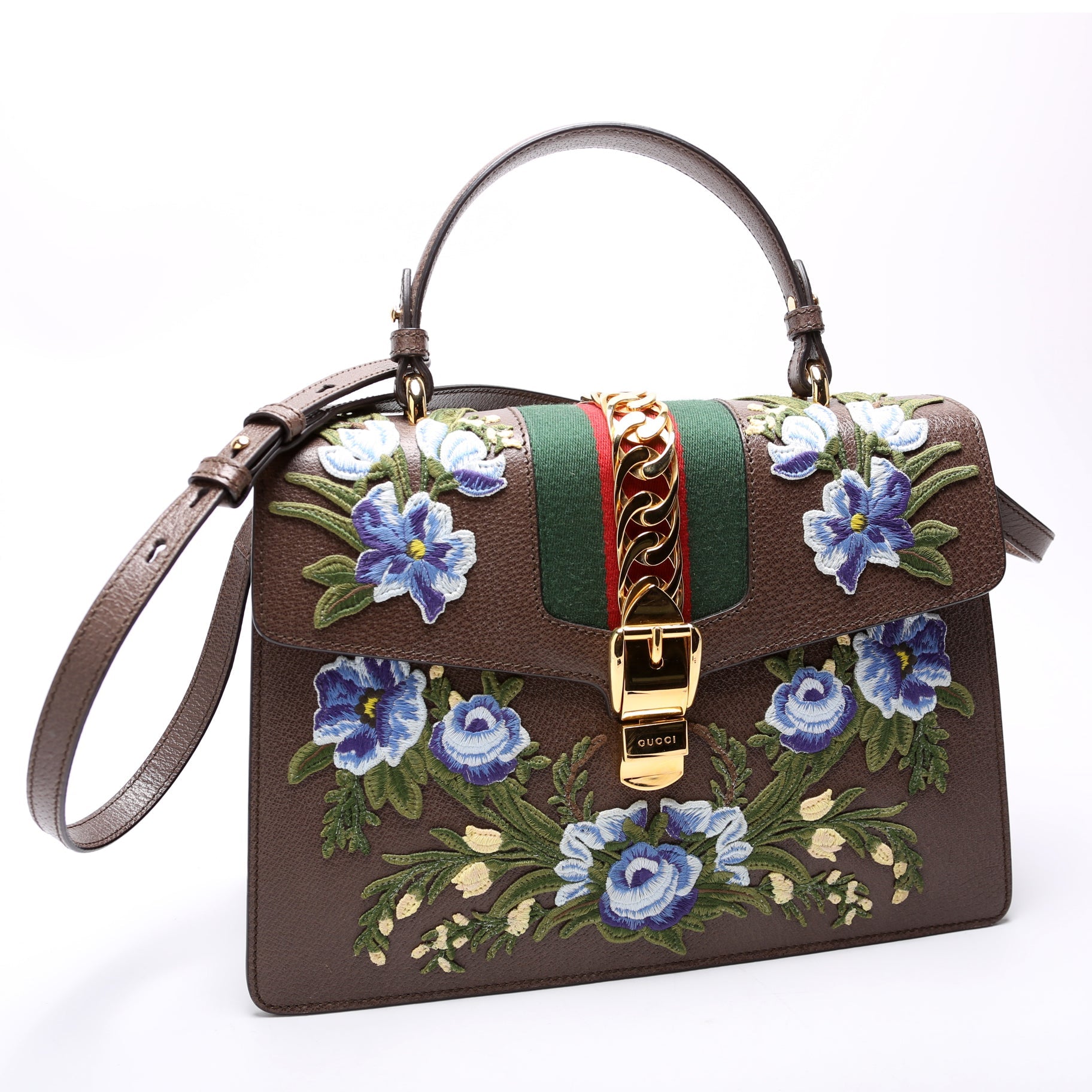 431665 Sylvie Top Handle Embroidered Calfskin Medium Brown