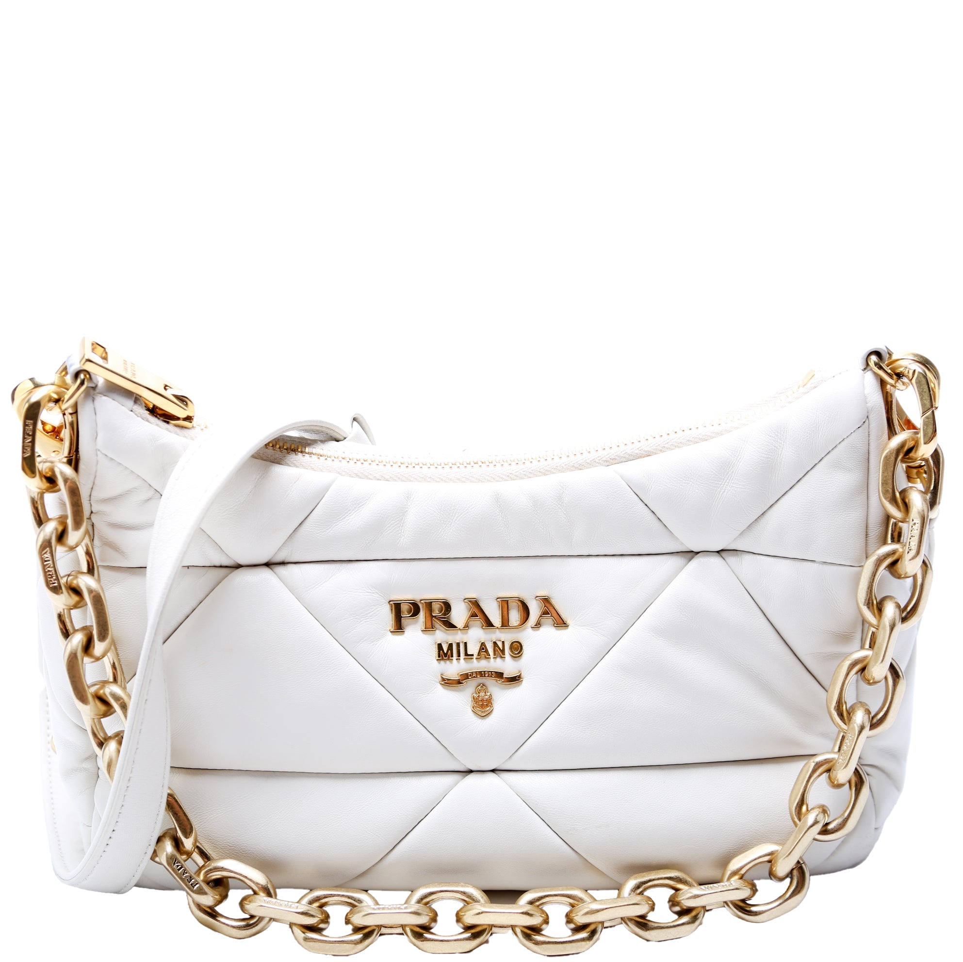 1BC157 Padded Quilted Nappa System Triangle Shoulder Bag White