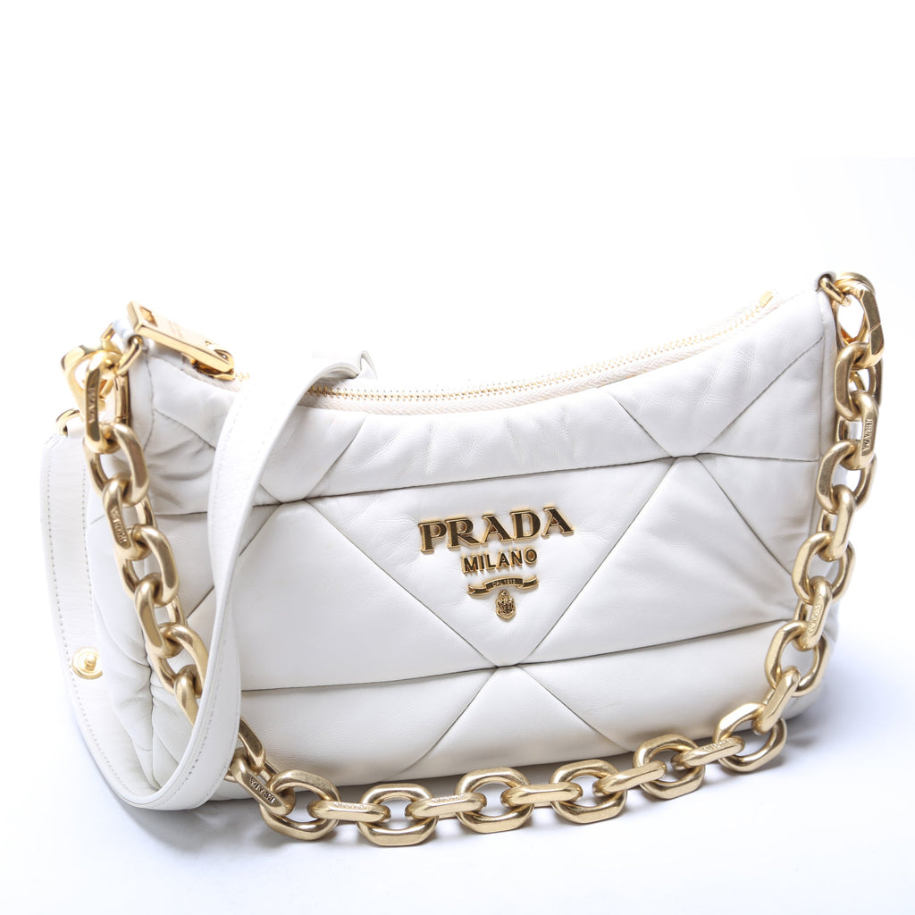 1BC157 Padded Quilted Nappa System Triangle Shoulder Bag White