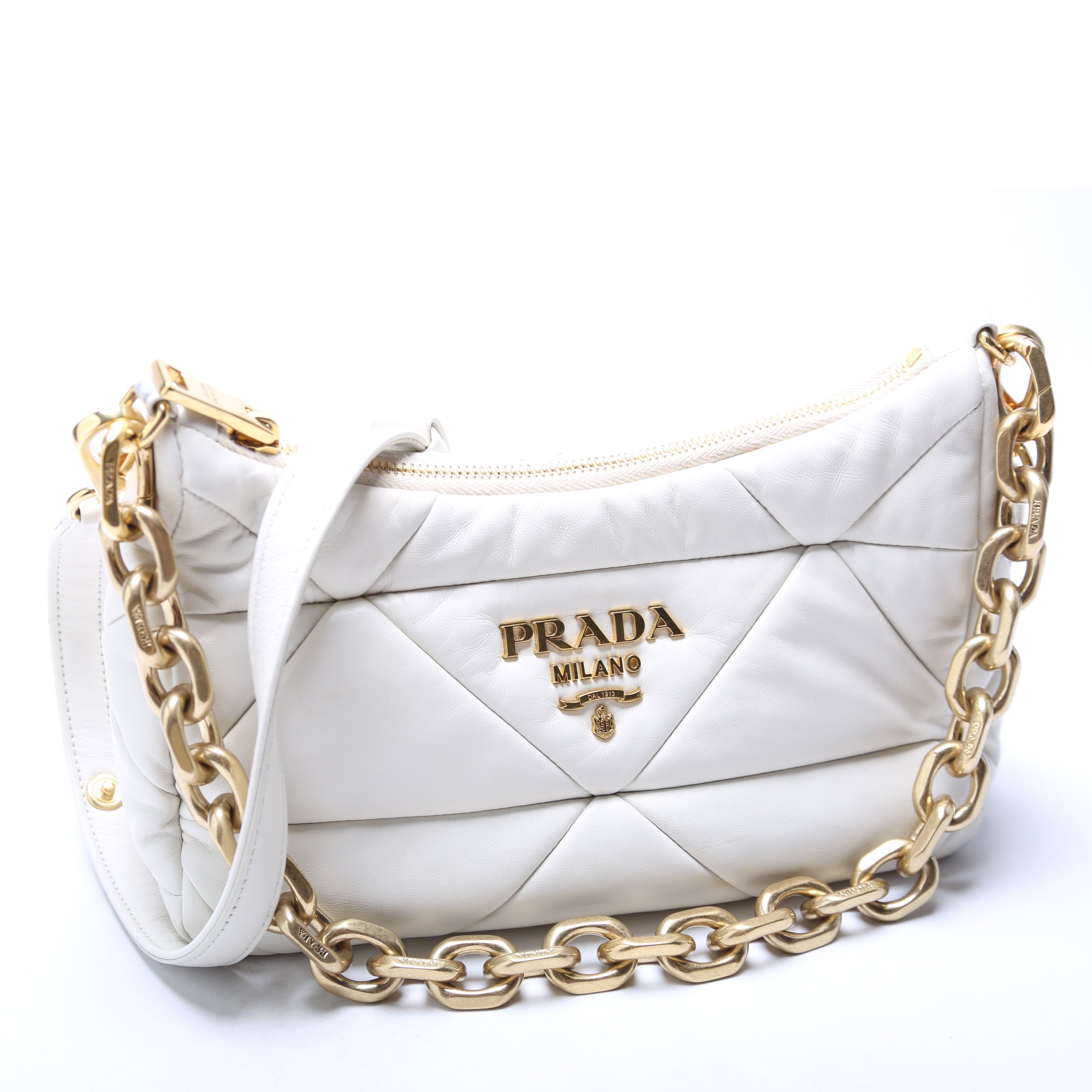 1BC157 Padded Quilted Nappa System Triangle Shoulder Bag White